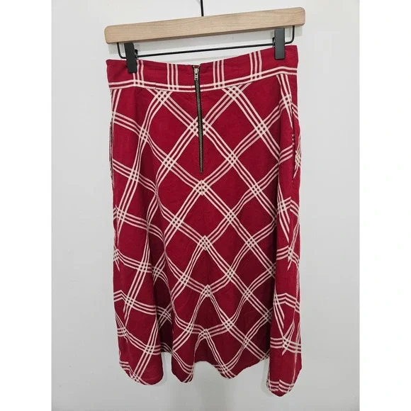 eShakti Red White Plaid A-Line Midi Skirt with Pockets Size 8 Medium Cotton - Picture 7 of 8